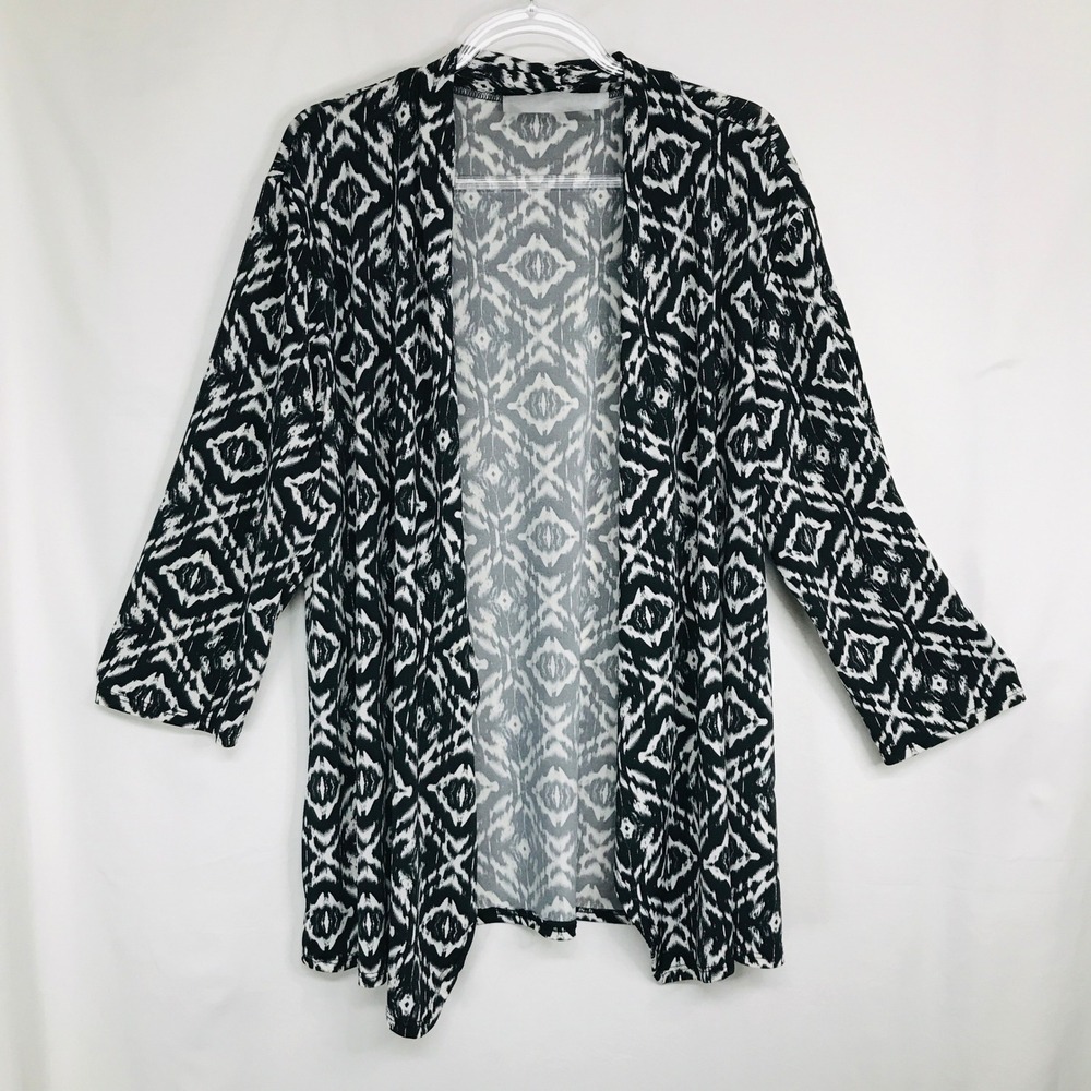 UnoLove Womens 2XL Black White Ikat Geometric Open Front Cardigan Work Career
